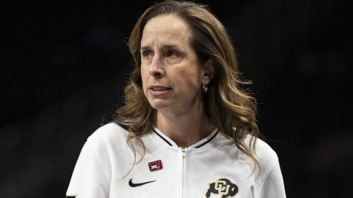 Mar 7, 2025; Kansas City, MO, USA; Colorado Buffaloes head coach JR Payne looks on during the first quarter against the TCU Horned Frogs at T-Mobile Center. Mar 7, 2025; Kansas City, MO, USA; Colorado Buffaloes head coach JR Payne looks on during the first quarter against the TCU Horned Frogs at T-Mobile Center.