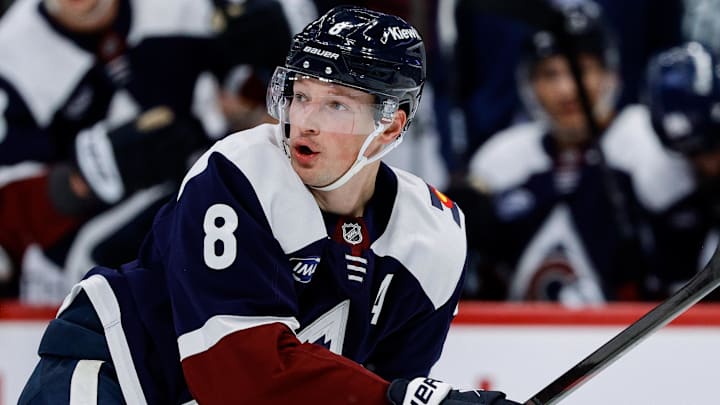 Dec 31, 2025; Denver, Colorado, USA; Colorado Avalanche defenseman Cale Makar (8) in the first period against the St. Louis Blues at Ball Arena. Mandatory Credit: Isaiah J. Downing-Imagn Images