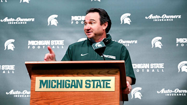 Michigan State coach Jonathan Smith talks the media on the first national signing day for college football recruits Wednesday, Dec. 4, 2024, at Spartan Stadium in East Lansing.