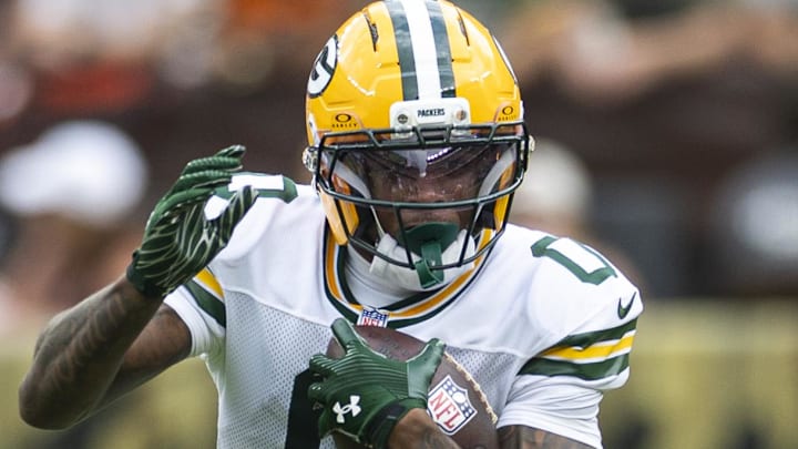 Green Bay Packers wide receiver Matthew Golden (0) runs the ball against the Cleveland Browns on Sunday.