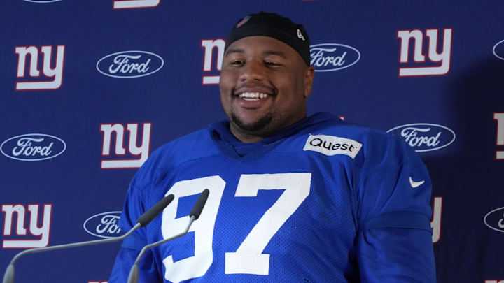 Nov 8, 2024; Munich, Germany; New York Giants defensive tackle Dexter Lawrence II (97) during press conference at the FC Bayern Munchen training grounds at Sabener Strasse.  Mandatory Credit: Kirby Lee-Imagn Images