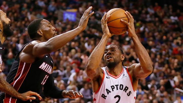Apr 7, 2019; Toronto, Ontario, CAN; Miami Heat center Bam Adebayo (13) tries to block a shot by Toronto Raptors forward Kawhi Leonard (2) at Scotiabank Arena. Toronto defeated Miami in overtime. Mandatory Credit: John E. Sokolowski-USA TODAY Sports Apr 7, 2019; Toronto, Ontario, CAN; Miami Heat center Bam Adebayo (13) tries to block a shot by Toronto Raptors forward Kawhi Leonard (2) at Scotiabank Arena. Toronto defeated Miami in overtime. Mandatory Credit: John E. Sokolowski-USA TODAY Sports