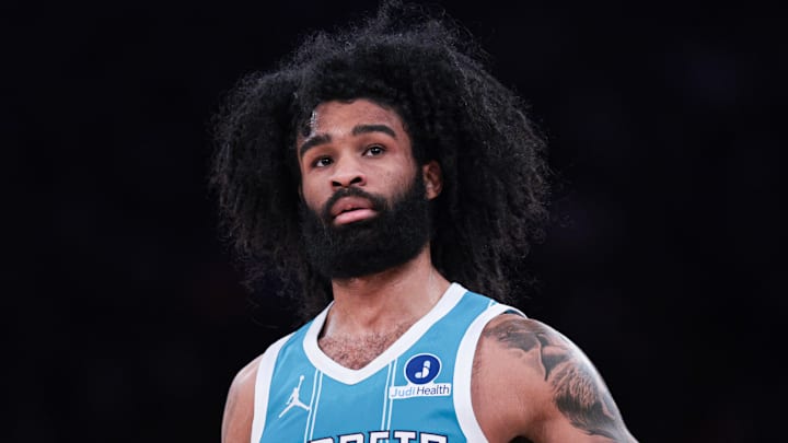 Apr 12, 2026; New York, New York, USA; Charlotte Hornets guard Coby White (3) in action against the New York Knicks during the first half at Madison Square Garden. Mandatory Credit: Vincent Carchietta-Imagn Images