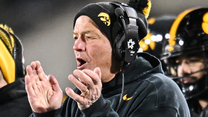 Nov 29, 2024; Iowa City, Iowa, USA; Iowa Hawkeyes head coach Kirk Ferentz reacts during the second quarter against the Nebraska Cornhuskers at Kinnick Stadium. Mandatory Credit: Jeffrey Becker-Imagn Images