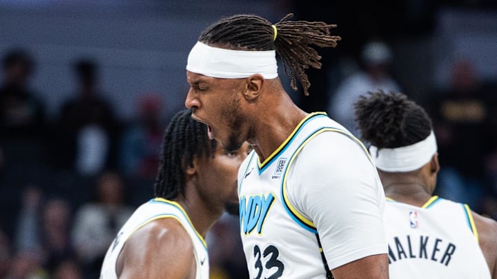 Jan 29, 2025; Indianapolis, Indiana, USA; Indiana Pacers center Myles Turner (33) celebrates a basket  in the first half against the Detroit Pistons at Gainbridge Fieldhouse. Mandatory Credit: Trevor Ruszkowski-Imagn Images