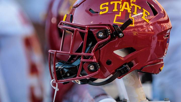 Nov 9, 2024; Kansas City, Missouri, USA; Iowa State Cyclones helmets on the bench during the first quarter against the Kansas Jayhawks at GEHA Field at Arrowhead Stadium.
