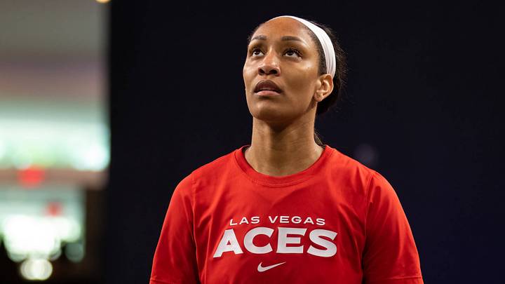 A'ja Wilson (22, Las Vegas Aces) warms up during a May 13, 2022 game. A'ja Wilson (22, Las Vegas Aces) warms up during a May 13, 2022 game.