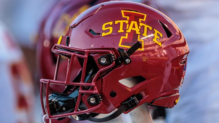 Nov 9, 2024; Kansas City, Missouri, USA; Iowa State Cyclones helmets on the bench during the first quarter against the Kansas Jayhawks at GEHA Field at Arrowhead Stadium.