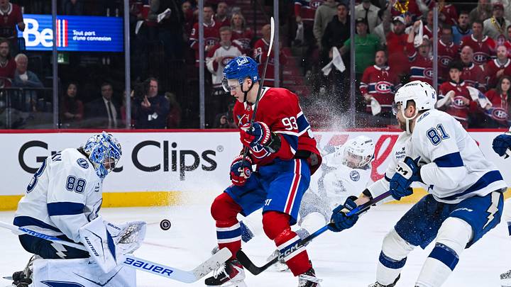 Apr 26, 2026; Montreal, Quebec, CAN; Tampa Bay Lightning goalie Andrei Vasilevskiy (88) makes a save against Montreal Canadiens right wing Ivan Demidov (93) during the third period in game four of the first round of the 2026 Stanley Cup Playoffs at Bell Centre. Mandatory Credit: David Kirouac-Imagn Images