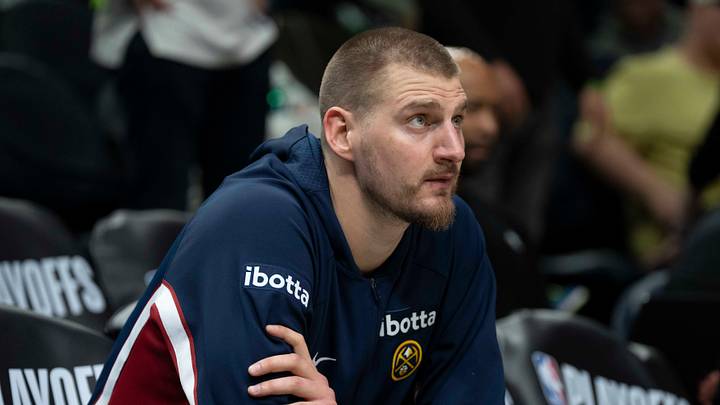 Apr 30, 2026; Minneapolis, Minnesota, USA; Denver Nuggets center Nikola Jokic (15) seats on the bench before the second half begins against the Minnesota Timberwolves during game six of the first round of the 2026 NBA Playoffs at Target Center. Mandatory Credit: Jesse Johnson-Imagn Images Apr 30, 2026; Minneapolis, Minnesota, USA; Denver Nuggets center Nikola Jokic (15) seats on the bench before the second half begins against the Minnesota Timberwolves during game six of the first round of the 2026 NBA Playoffs at Target Center. Mandatory Credit: Jesse Johnson-Imagn Images