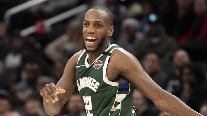 Milwaukee Bucks forward Khris Middleton (22) reacts after making a three point shot during the second half Washington Wizards at Capital One Arena. Feb 24, 2020. 
