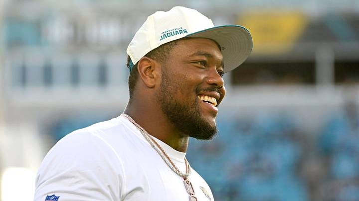 Aug 21, 2026; Jacksonville, Florida, USA;  Jacksonville Jaguars defensive end Travon Walker (44) before the start of the preseason game against the Carolina Panthers at EverBank Stadium. 