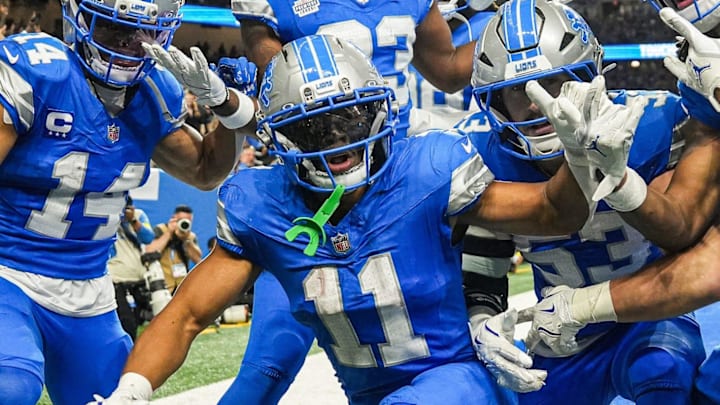Detroit Lions punt returner Kalif Raymond (11) celebrates a touchdown against Cleveland Browns Detroit Lions punt returner Kalif Raymond (11) celebrates a touchdown against Cleveland Browns