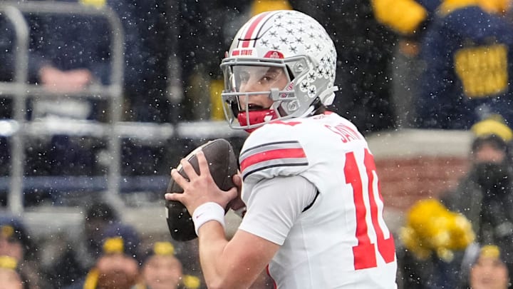 Ohio State Buckeyes quarterback Julian Sayin (10) looks to pass during the NCAA football game against the Michigan Wolverines at Michigan Stadium in Ann Arbor, Mich. on Nov. 29, 2025. Ohio State won 27-9.
