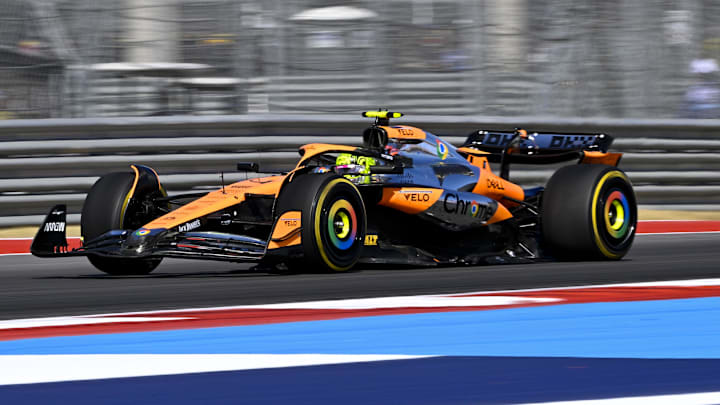 Oct 20, 2024; Austin, Texas, USA; McLaren Formula 1 Team driver Lando Norris (4) of Team Great Britain drives during the 2024 Formula One US Grand Prix at Circuit of the Americas. Mandatory Credit: Jerome Miron-Imagn Images