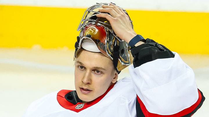 Dec 19, 2024; Calgary, Alberta, CAN; Ottawa Senators goaltender Leevi Merilainen (1) during the warmup period against the Calgary Flames at Scotiabank Saddledome. Mandatory Credit: Sergei Belski-Imagn Images Dec 19, 2024; Calgary, Alberta, CAN; Ottawa Senators goaltender Leevi Merilainen (1) during the warmup period against the Calgary Flames at Scotiabank Saddledome. Mandatory Credit: Sergei Belski-Imagn Images