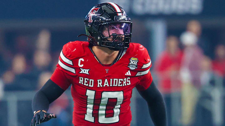 Dec 6, 2025; Arlington, TX, USA;  Texas Tech Red Raiders linebacker Jacob Rodriguez (10) in action during the second half against the BYU Cougars at AT&T Stadium. Mandatory Credit: Kevin Jairaj-Imagn Images