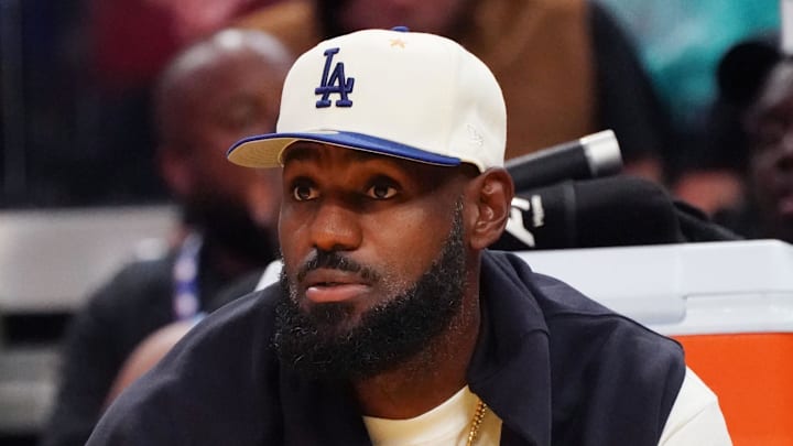 Oct 5, 2025; San Francisco, California, USA;  Los Angeles Lakers forward LeBron James (23) watches the action against the Golden State Warriors in the second quarter at Chase Center. Mandatory Credit: David Gonzales-Imagn Images