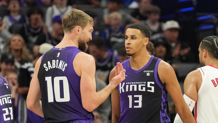 Mar 10, 2024; Sacramento, California, USA; Sacramento Kings forward Domantas Sabonis (10) talks with forward Keegan Murray (13) during the third quarter against the Houston Rockets at Golden 1 Center.