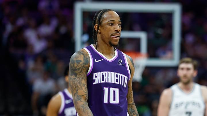 Mar 17, 2026; Sacramento, California, USA; Sacramento Kings guard DeMar DeRozan (10) walks back to the court during the first quarter against the San Antonio Spurs at Golden 1 Center. Mar 17, 2026; Sacramento, California, USA; Sacramento Kings guard DeMar DeRozan (10) walks back to the court during the first quarter against the San Antonio Spurs at Golden 1 Center.