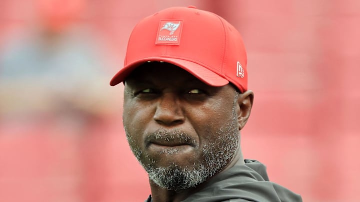 Dec 7, 2025; Tampa, Florida, USA; Tampa Bay Buccaneers head coach Todd Bowles prior to the game against the New Orleans Saints at Raymond James Stadium. Mandatory Credit: Kim Klement Neitzel-Imagn Images