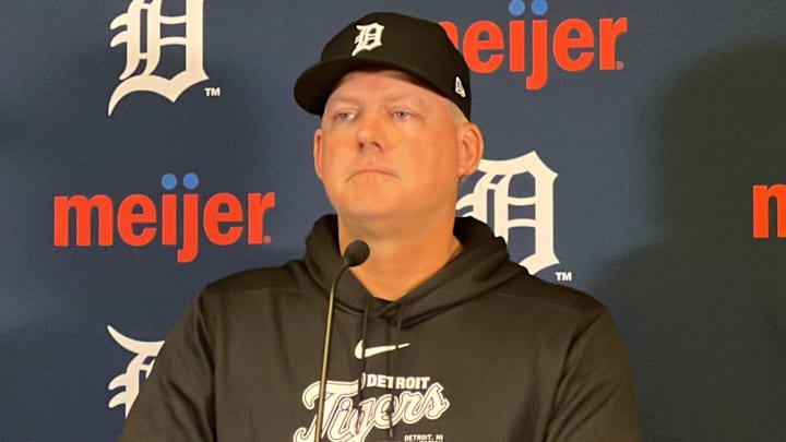 Detroit Tigers manager A.J. Hinch speaks to reporters April 5, 2024, before the home opener at Comerica Park.