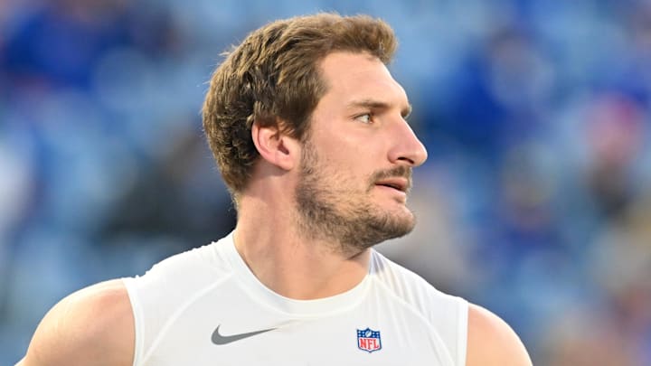 Sep 7, 2025; Orchard Park, New York, USA;  Buffalo Bills defensive end Joey Bosa (97) warms up prior to the game against the Baltimore Ravens at Highmark Stadium. Mandatory Credit: Mark Konezny-Imagn Images