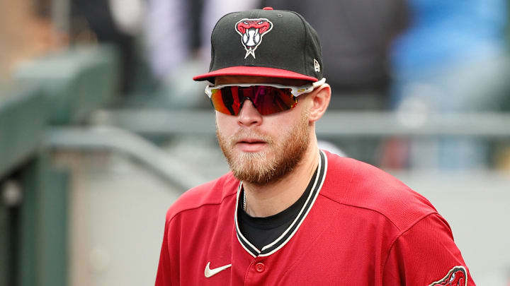 Sep 12, 2021; Seattle, Washington, USA; Arizona Diamondbacks designated hitter Seth Beer (28) celebrates following a 5-4 victory against the Seattle Mariners at T-Mobile Park