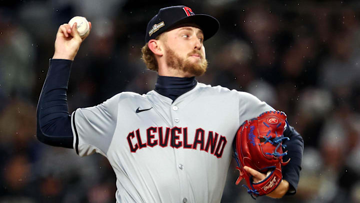 Oct 15, 2024; Bronx, New York, USA; Cleveland Guardians pitcher Tanner Bibee (28) pitches during the first inning against the New York Yankees in game two of the ALCS for the 2024 MLB Playoffs at Yankee Stadium. Mandatory Credit: Vincent Carchietta-Imagn Images Oct 15, 2024; Bronx, New York, USA; Cleveland Guardians pitcher Tanner Bibee (28) pitches during the first inning against the New York Yankees in game two of the ALCS for the 2024 MLB Playoffs at Yankee Stadium. Mandatory Credit: Vincent Carchietta-Imagn Images