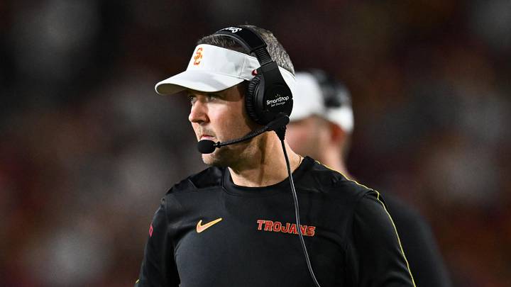 Sep 7, 2024; Los Angeles, California, USA; USC Trojans head coach Lincoln Riley reacts against the Utah State Aggies during the second quarter at United Airlines Field at Los Angeles Memorial Coliseum. Mandatory Credit: Jonathan Hui-Imagn Images Sep 7, 2024; Los Angeles, California, USA; USC Trojans head coach Lincoln Riley reacts against the Utah State Aggies during the second quarter at United Airlines Field at Los Angeles Memorial Coliseum. Mandatory Credit: Jonathan Hui-Imagn Images