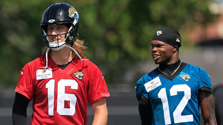 From left, Jacksonville Jaguars wide receiver Brian Thomas Jr. (7), wide receiver Dyami Brown (5), quarterback Trevor Lawrence (16) and wide receiver Travis Hunter (12) walks off the field during the 10th organized team activity at Miller Electric Center Wednesday, June 4, 2025 in Jacksonville, Fla. [Corey Perrine/Florida Times-Union]