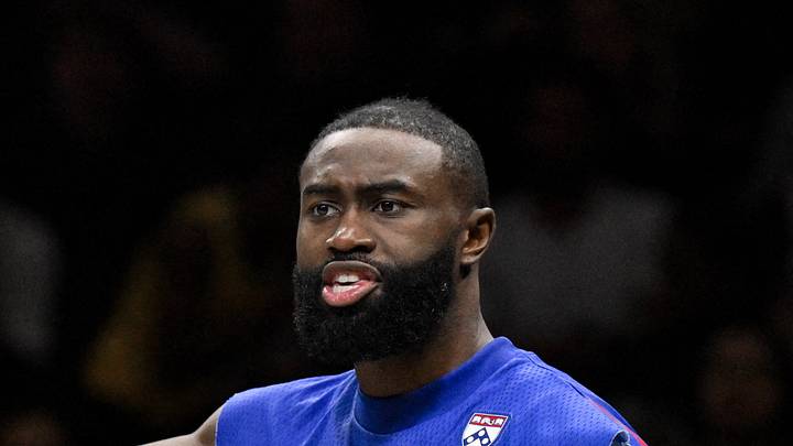 Philadelphia 76ers guard Jaylen Brown (7) reacts from the bench during the second half against the Brooklyn Nets at Barclays Center on Oct 8, 2026.