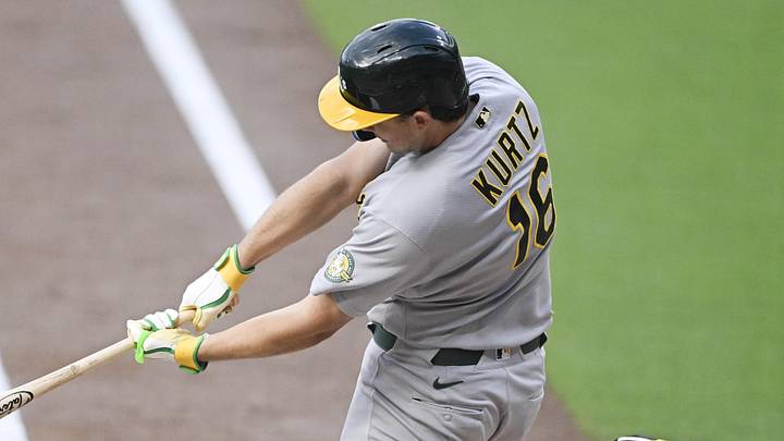 May 23, 2026; San Diego, California, USA; Athletics first baseman Nick Kurtz (16) hits a single during the first inning against the San Diego Padres at Petco Park. Mandatory Credit: Denis Poroy-Imagn Images May 23, 2026; San Diego, California, USA; Athletics first baseman Nick Kurtz (16) hits a single during the first inning against the San Diego Padres at Petco Park. Mandatory Credit: Denis Poroy-Imagn Images