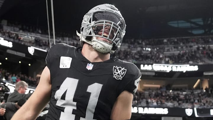 Dec 22, 2024; Paradise, Nevada, USA; Las Vegas Raiders linebacker Robert Spillane (41) enters the field before the game against the Jacksonville Jaguars at Allegiant Stadium. Mandatory Credit: Kirby Lee-Imagn Images