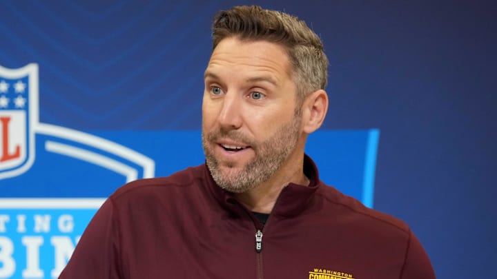 Feb 25, 2025; Indianapolis, IN, USA; Washington Commanders general manager Adam Peters speaks during the NFL Scouting Combine at the Indiana Convention Center. Mandatory Credit: Kirby Lee-Imagn Images Feb 25, 2025; Indianapolis, IN, USA; Washington Commanders general manager Adam Peters speaks during the NFL Scouting Combine at the Indiana Convention Center. Mandatory Credit: Kirby Lee-Imagn Images