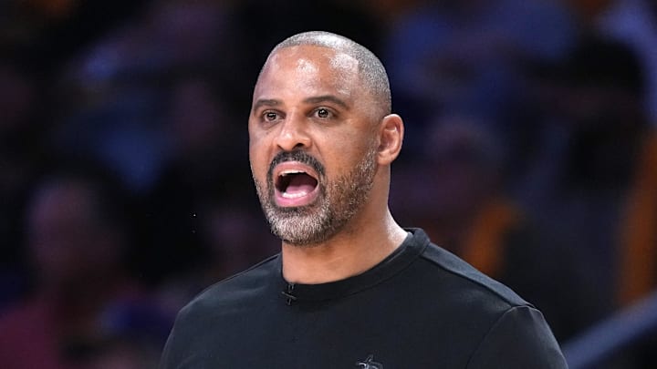 Apr 18, 2026; Los Angeles, California, USA; Houston Rockets head coach Ime Udoka watches in the first half against the Los Angeles Lakers during game one of the first round of the 2026 NBA Playoffs at Crypto.com Arena. Mandatory Credit: Kirby Lee-Imagn Images