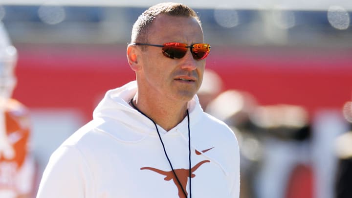 Dec 31, 2025; Orlando, FL, USA; Texas Longhorns head coach Steve Sarkisian looks on before a game against the Michigan Wolverines at Camping World Stadium. Mandatory Credit: Matt Pendleton-Imagn Images