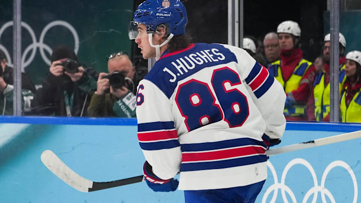 Feb 20, 2026; Milan, Italy; Jack Hughes (86) of the United States celebrates after scoring a goal during the second period against Slovakia in a men's ice hockey semifinal during the Milano Cortina 2026 Olympic Winter Games at Milano Santagiulia Ice Hockey Arena. Mandatory Credit: James Lang-Imagn Images