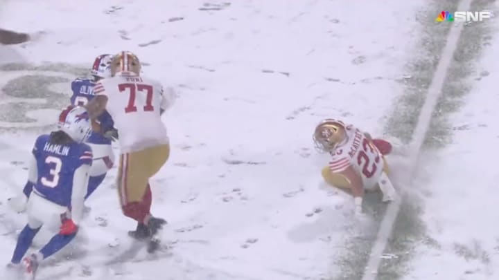 San Francisco 49ers RB Christian McCaffrey slides to the ground after suffering a knee injury vs. the Bills.