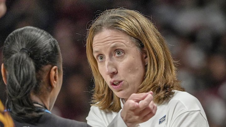 University of Southern California Head Coach Lindsay Gottlieb talks to a referee after one of her players was called for a travel playing South Carolina Monday, March 23, 2026, during the third quarter NCAA Women's Basketball Tournament at Colonial Life Arena in Columbia, South Carolina.