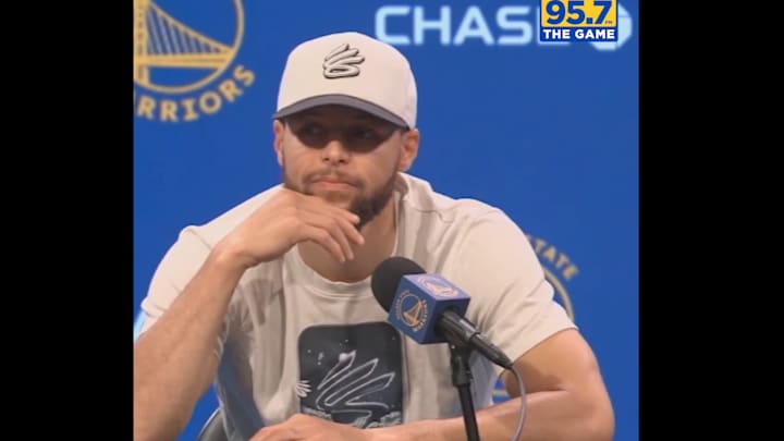 Golden State Warriors' Steph Curry speaking to the media on May 15, 2025.