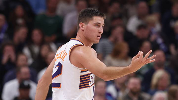 Phoenix Suns guard Collin Gillespie (12) reacts to a shot against the Utah Jazz during the second half at Delta Center on October 27, 2025. Phoenix Suns guard Collin Gillespie (12) reacts to a shot against the Utah Jazz during the second half at Delta Center on October 27, 2025.