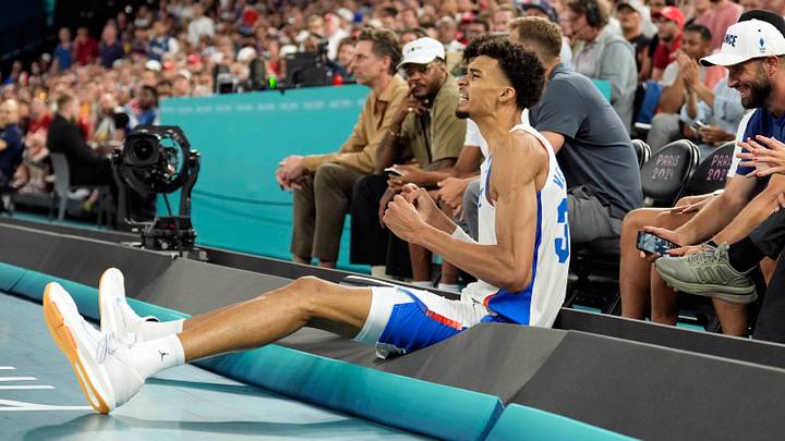 Aug 6, 2024; Paris, France; France power forward Victor Wembanyama (32) celebrates in the first quarter against Canada in a men’s basketball quarterfinal game during the Paris 2024 Olympic Summer Games at Accor Arena. Aug 6, 2024; Paris, France; France power forward Victor Wembanyama (32) celebrates in the first quarter against Canada in a men’s basketball quarterfinal game during the Paris 2024 Olympic Summer Games at Accor Arena.