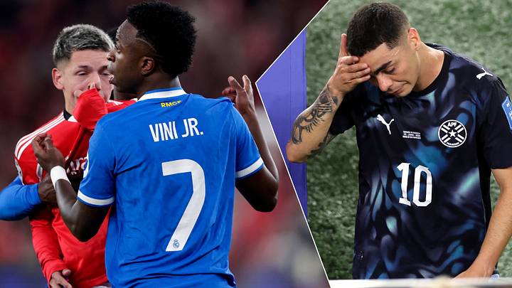 Vinicius Junior’s (left) altercation with Gianluca Prestianni ultimately led to Miguel Almirón’s historic red card.