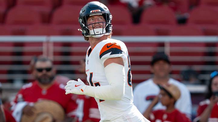 August 9, 2025; Santa Clara, California, USA; Denver Broncos tight end Caleb Lohner (84) before the game against the San Francisco 49ers at Levi's Stadium. August 9, 2025; Santa Clara, California, USA; Denver Broncos tight end Caleb Lohner (84) before the game against the San Francisco 49ers at Levi's Stadium.