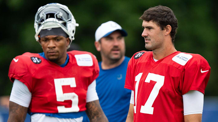 Indianapolis Colts quarterbacks Anthony Richardson Sr. (5), Daniel Jones (17) and Riley Leonard (15) prepare for drills Monday, July 28, 2025, during training camp held at Grand Park in Westfield.