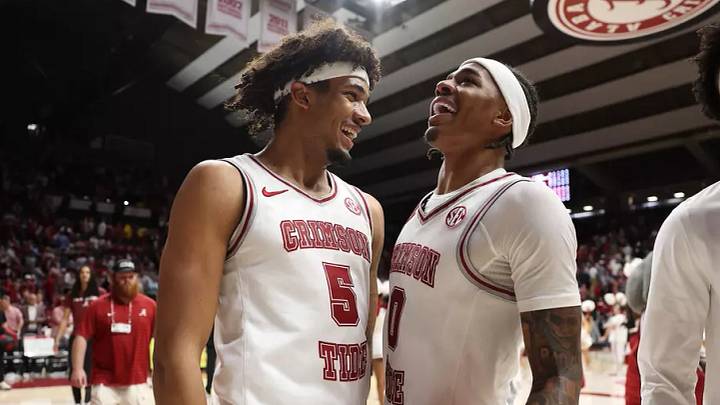 Alabama forward Amari Allen (5) and Alabama guard Labaron Philon (0) celebrates at Coleman Coliseum in Tuscaloosa, AL on Wednesday, Feb 18, 2026.