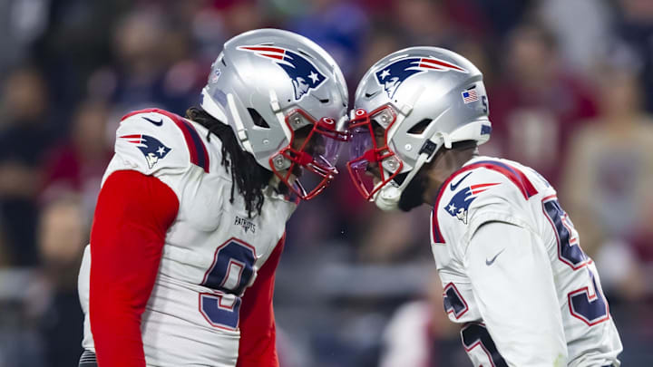 New England Patriots Edge rusher Josh Uche (right) pictured with Matt Judon who was traded to the Atlanta Falcons in August. 