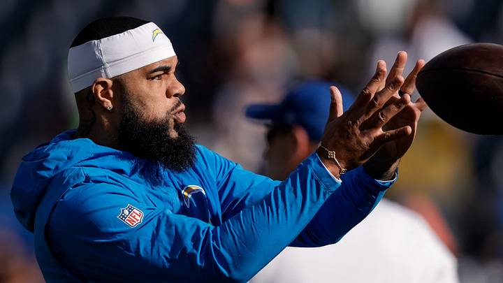 Jan 4, 2026; Denver, Colorado, USA; Los Angeles Chargers wide receiver Keenan Allen (13) before the game against the Denver Broncos at Empower Field at Mile High. Mandatory Credit: Isaiah J. Downing-Imagn Images