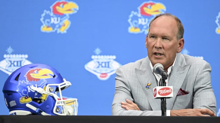 Jul 10, 2024; Las Vegas, NV, USA; Kansas Jayhawks head coach Lance Leipold speaks to the media during the Big 12 Media Days at Allegiant Stadium. Jul 10, 2024; Las Vegas, NV, USA; Kansas Jayhawks head coach Lance Leipold speaks to the media during the Big 12 Media Days at Allegiant Stadium.